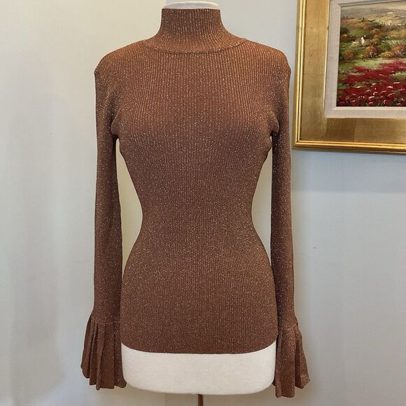 Carven Rose Gold Lurex Metallic Turtleneck Sweater Pleated Bell Cuff Size Small - Picture 4 of 10